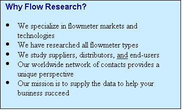 Text Box: Why Flow Research?

	We specialize in flowmeter markets and technologies
	We have researched all flowmeter types
	We study suppliers, distributors, and end-users
	Our worldwide network of contacts provides a unique perspective
	Our mission is to supply the data to help your business succeed


