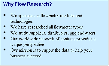 Text Box: Why Flow Research?

	We specialize in flowmeter markets and technologies
	We have researched all flowmeter types
	We study suppliers, distributors, and end-users
	Our worldwide network of contacts provides a unique perspective
	Our mission is to supply the data to help your business succeed


