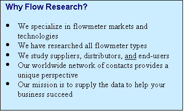 Text Box: Why Flow Research?

	We specialize in flowmeter markets and technologies
	We have researched all flowmeter types
	We study suppliers, distributors, and end-users
	Our worldwide network of contacts provides a unique perspective
	Our mission is to supply the data to help your business succeed


